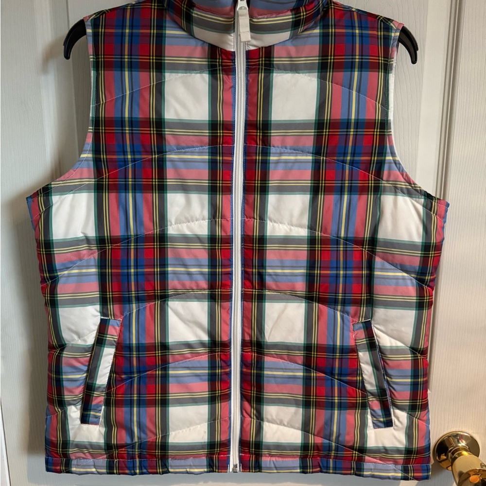 Lands' End Bright Plaid Quilted Vest with Gray Trim